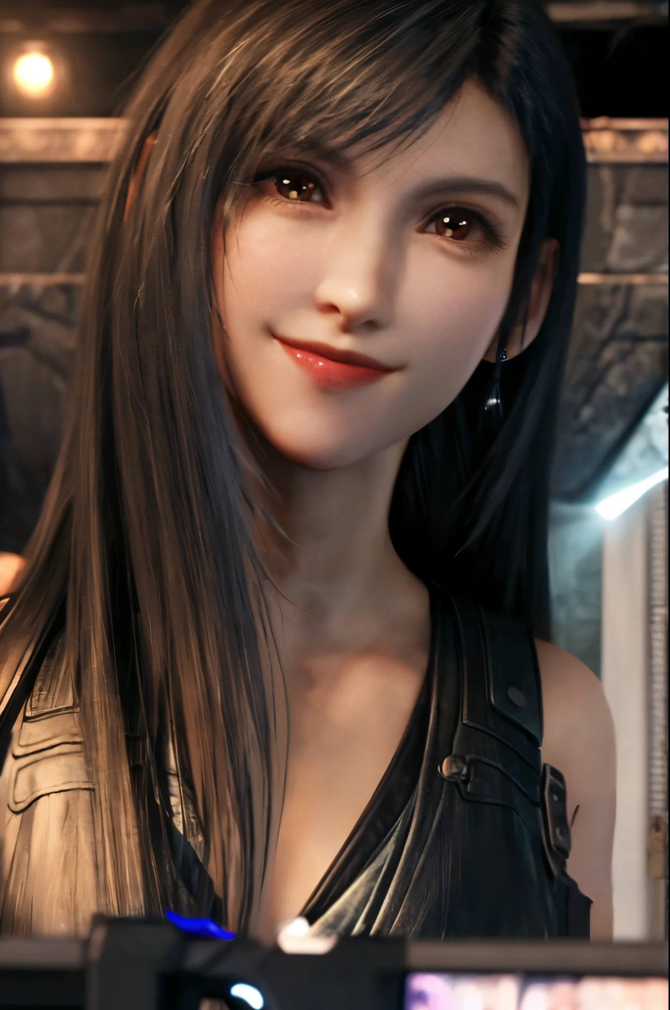 (highest quality,masterpiece, HDR,UHD,8K,Bright colors, extreme details, Professional:1.1),
(pale skin, perfect skin, red iris, thin lips, thin mouth, long hair: 1.1),
1 girl, 
looking at the viewer, (enchanting smile:1.4),
 Tifa,
head_tilt,((Filmography:1.2) closed), ( holding a pistol, Aiming at the audience, hand gun:1.1)