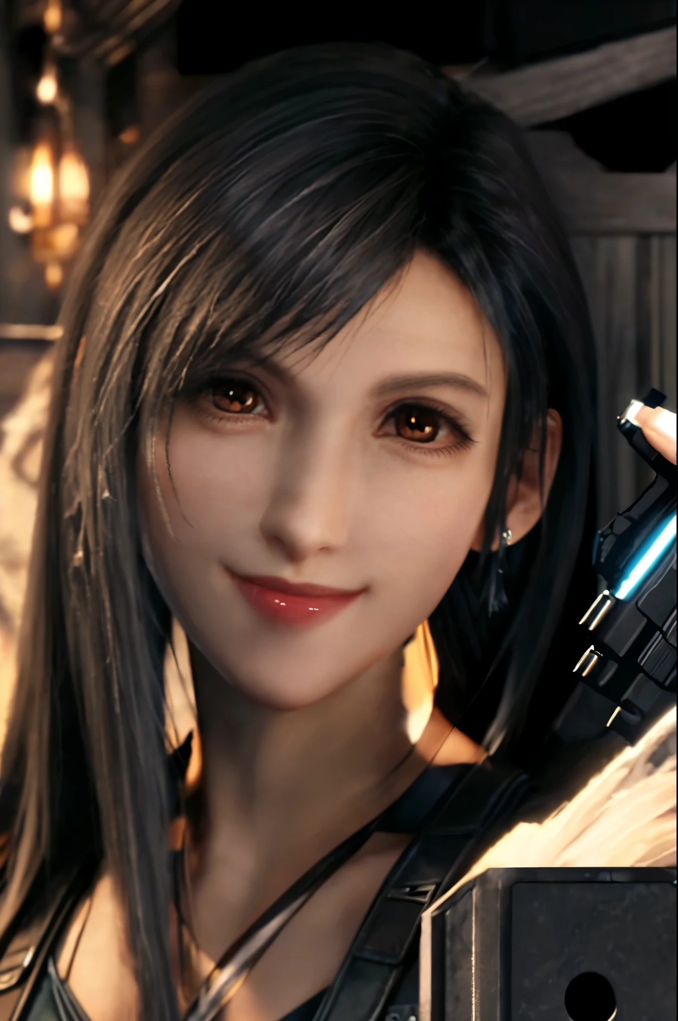 (highest quality,masterpiece, HDR,UHD,8K,Bright colors, extreme details, Professional:1.1),
(pale skin, perfect skin, red iris, thin lips, thin mouth, long hair: 1.1),
1 girl, 
looking at the viewer, (enchanting smile:1.4),
 Tifa,
head_tilt,((Filmography:1.2) closed), ( holding a pistol, Aiming at the audience, hand gun:1.1)