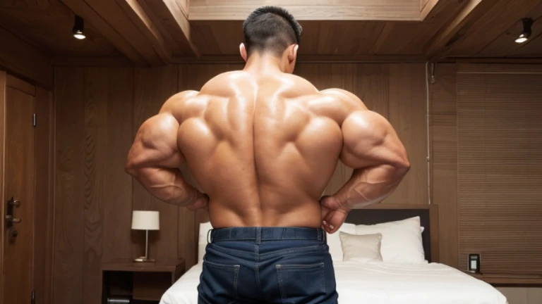 (back view:1.4), fat face, (inside bedroom:1.2), Japanese man, Chinese man, Korean man, Taiwanese man, manly face, (round face:1.4), (monolid eyes:1.2), (buzz cut:1.4), very large and strong body, bulky body, beefy muscles (bulging muscles:1.4), (very large pectoral muscles:1.4), (muscular arms:1.4), muscular abs, muscular legs, muscular back, brightens oily skin, master piece, realistic, panorama, distant view