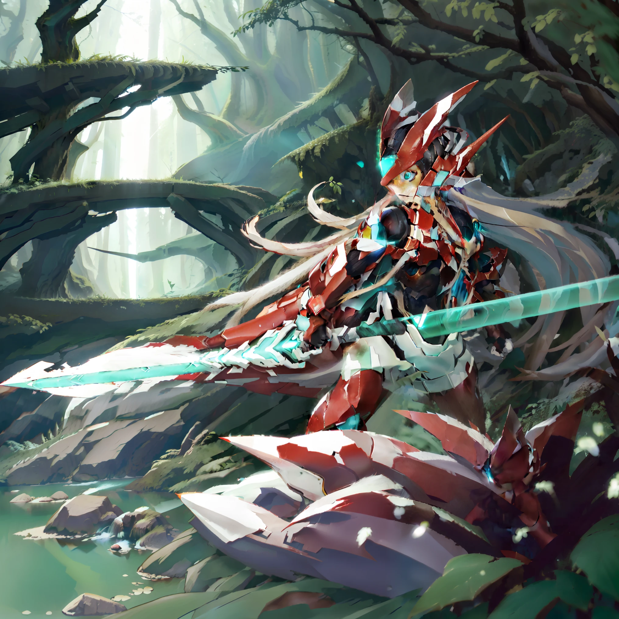 megzeromyth2023, 1boy, long white hair, red armor, green energy sword, high quality, masterpiece, in a dark forest looking out at a waterfall, in the style of ultra detailed, dark cyan and light bronze, eye-catching tags, physically based rendering, depictions of inclement weather, heavy shading, landscape inspirations