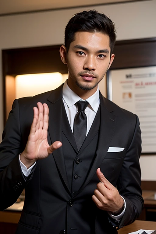 ((best quality:1)), ((masterpiece:1.2)), (detailed:1.2), perfect face, ((30 years old indonesian gentlemen standing in black suit and tie)), (smile:0.8), ((namaste mudra hand gesture)), look at the viewer, 8k, realistic photo, movie photo, ultra realistic, 1 person, detailed, Perfect lighting, DSRL, professional photo, 4k