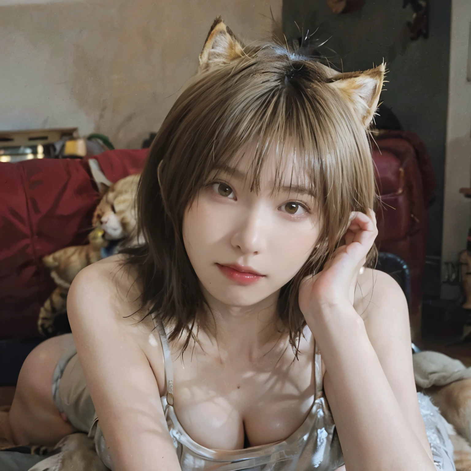 8K、(sexy pose)、((underwear))、(((blonde))) 、smaller head、highest quality, high resolution, (realism: 1.4), original photo, (real skin texture: 1.3), (film grain: 1.3), beautiful eyes and face details, highest quality, full body、bob cut、18-year-old、(((Golden cat ears)))