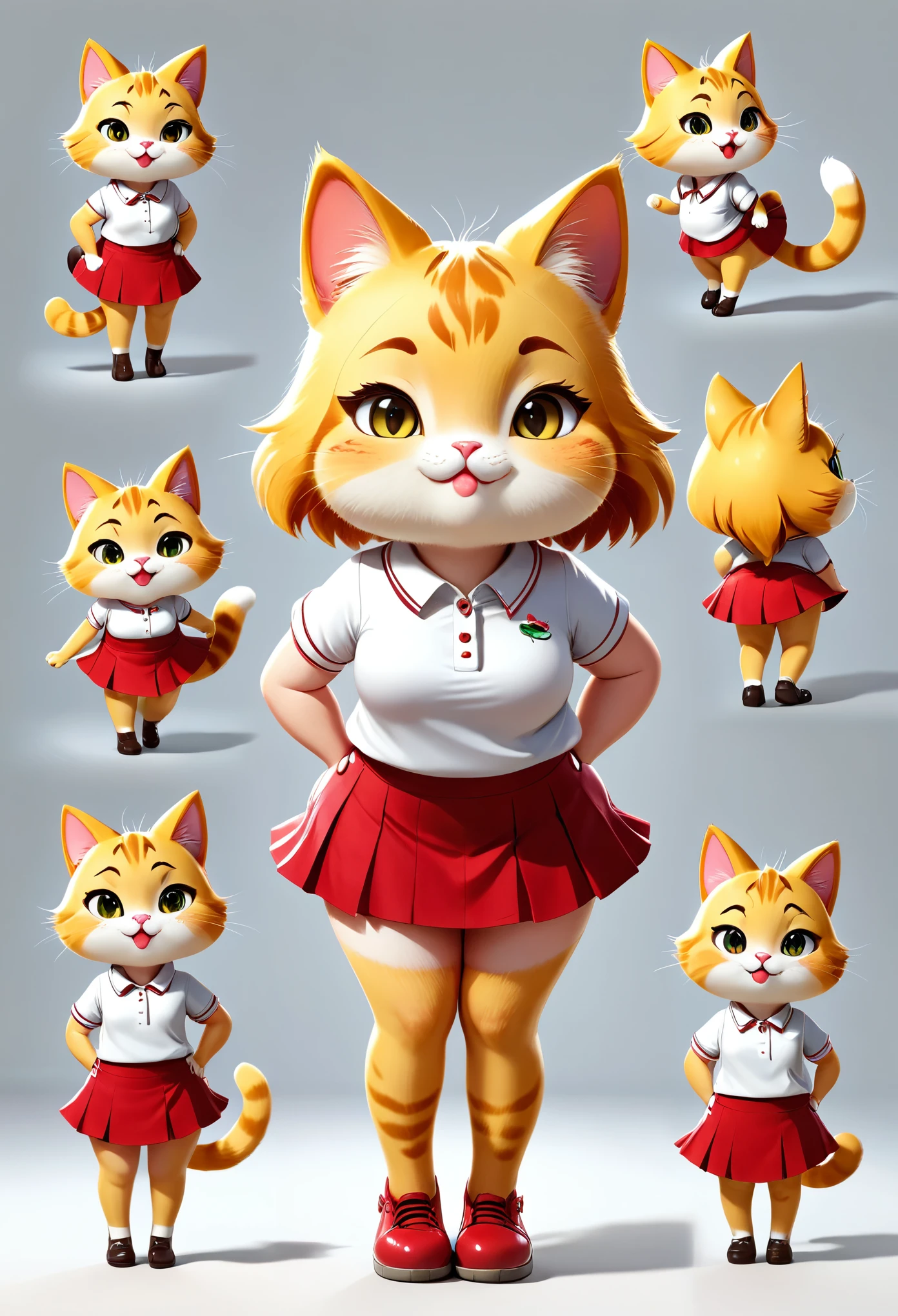 Detailed illustration of Chubby yellow cat character, high-quality drawing of the face, character sheet, 6 different poses with the same clothing same face same size ,100% flat white background, children's book illustration style, simple, cute, full color, 3d model, light and shadow, wearing red short skirt, long legs,tall,flat color, high quality, 8K Ultra HD, highly detailed, sharp focus, Octane rendering, 3d, perfect face, detailed face, delicate face, perfect sharp lips, detailed eyes. , full_body ,