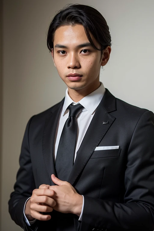 ((best quality:1)), ((masterpiece:1.2)), (detailed:1.2), perfect face, ((30 years old indonesian gentlemen standing in black suit and tie)), (smile:0.8), ((namaste mudra hand gesture)), look at the viewer, 8k, realistic photo, movie photo, ultra realistic, 1 person, detailed, Perfect lighting, DSRL, professional photo, 4k