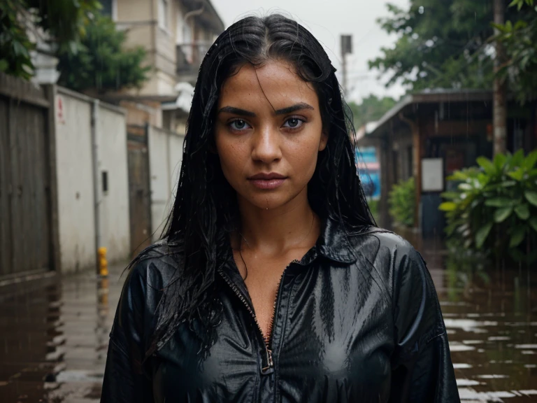 RAW photo of a women, super detail, high details, high quality, realistic, black hair, blue eyes, tanned skin, Standing Rain, wet.