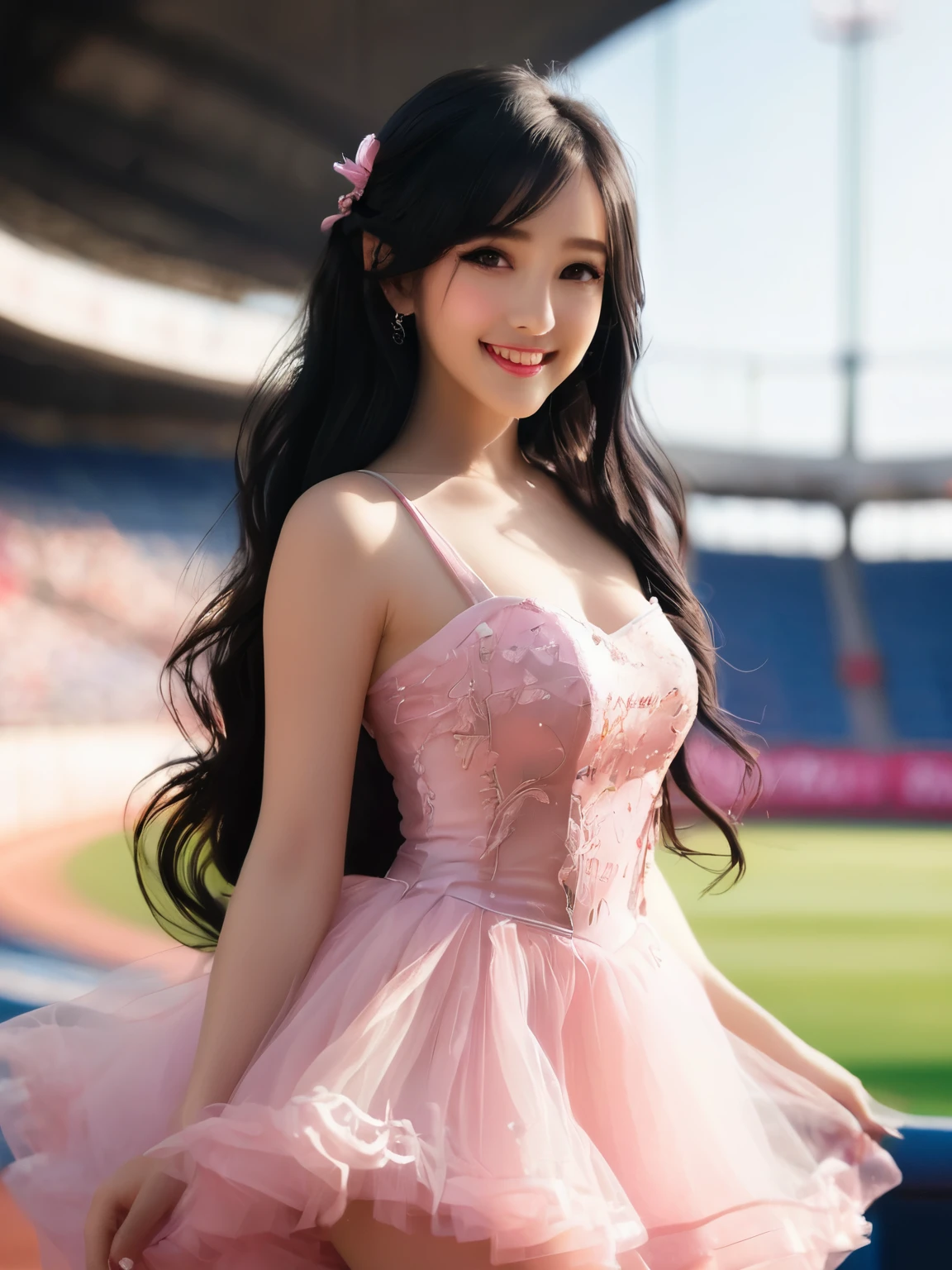 best quality, High resolution, distinctive image, concept art, Perfect exquisite girl, Smile, long black hair, big eyes, pink lips, Well proportioned body, tulle clothes, stadium, Natural lighting