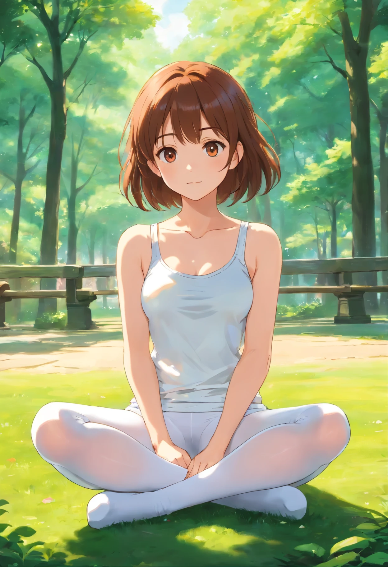 realistic teenager Girl 、highest quality、flat chest, collarbone, sitting legs spread, white tank top, white tights, knees visible. in the park, sunlight, 