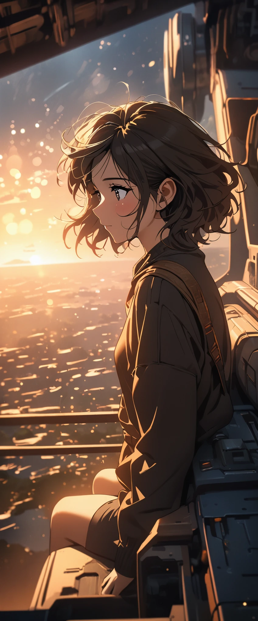 Hojoji manga art style,best quality, masterpiece, Very detailed, Detailed background, Japanese cartoons, 1 girl, young girl, short girl, science fiction, science fiction小说, spacecraft, landscape, Wind景, horizon, roof, sitting on roof, Wind, look away, mood lighting, focus only, close up, from the side, depth of field, Bokeh