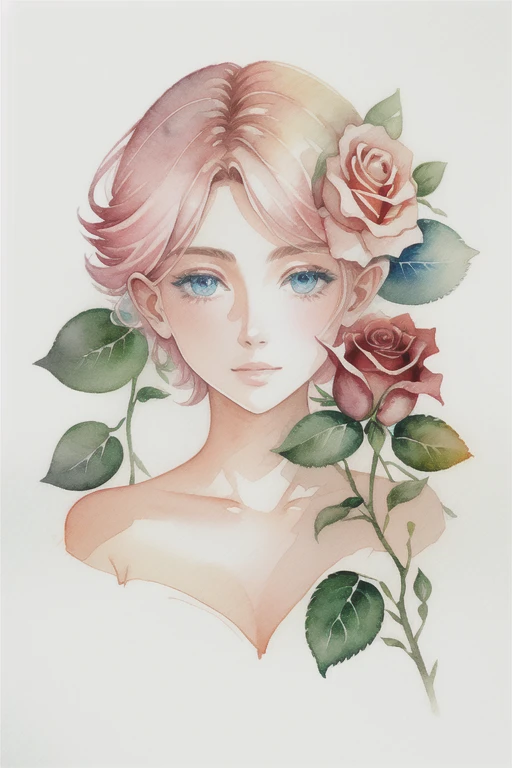 ( watercolor \(half\), Drawing, Beautiful rose.