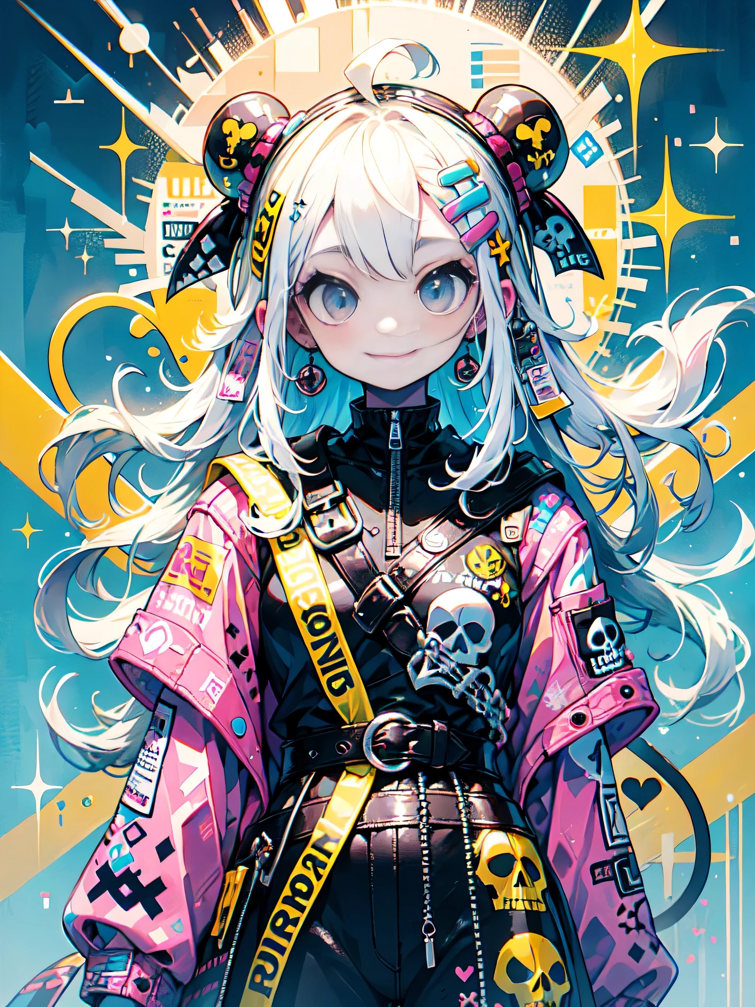 akira toriyama style、"cute, beautiful, Adorable girl wearing pink clothes, yellow, and baby blue color scheme. She is wearing a costume with a SKULL motif inspired by a female pirate.。.。.。.。.。.... her costume is fluffy and soft, Comes with decorative accessories such as hair clips. Embodying the vibrant and modern Harajuku fashion style。."　、(((best smile)))、stylish design