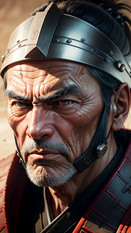 Close-up of a ((extremely handsome old man warior)) , half human, half beast. Their eyes are filled with sadness and longing. The background is a trail of blood and violence. He wears a mechanized robot armor, carved with animal elements, human skulls. The sky is filled with swirling, fiery clouds. The photo conveys a strong sense of the warrior's appearance
