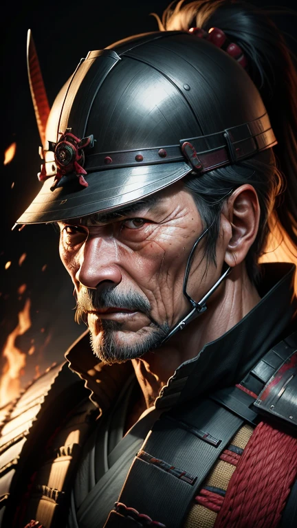 Realistic ultra HD close-up portrait,A samurai wearing a war mask, Wrinkles ,Facial expressions show strong emotions , full body
