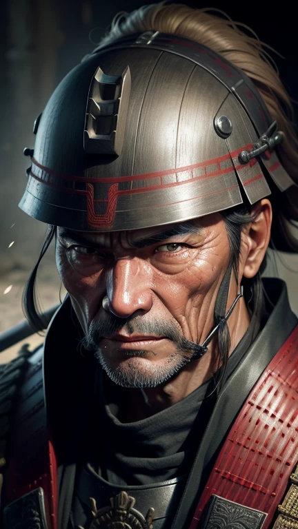 Realistic ultra HD close-up portrait,A samurai wearing a war mask, Wrinkles ,Facial expressions show strong emotions , full body