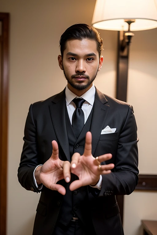 ((best quality:1)), ((masterpiece:1.2)), (detailed:1.2), perfect face, ((30 years old indonesian gentlemen standing in black suit and tie)), (smile:0.8), ((namaste mudra hand gesture)), look at the viewer, 8k, realistic photo, movie photo, ultra realistic, 1 person, detailed, Perfect lighting, DSRL, professional photo, 4k