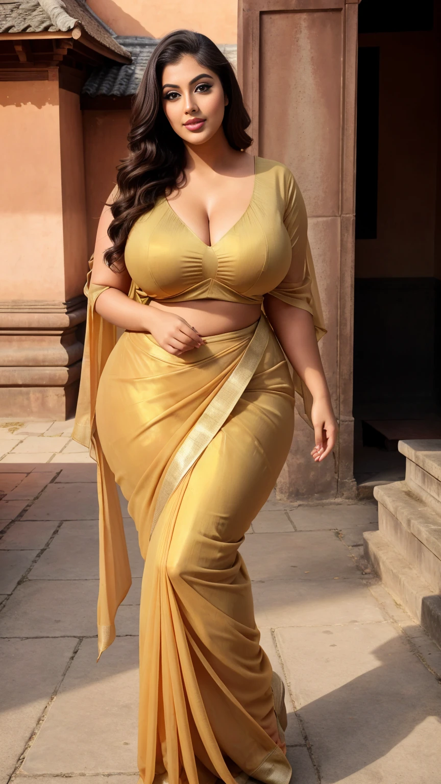 Madhubala Indian sexy curvy plus size body beautiful actress in a golden color chiffon saree posing for a picture in front of Bhdhhist stunning temples, traditional architecture, and picturesque gardens, camera front facing, smilling face, close up shot, head to toe view, close up full body shot, hourglass body shape, curvy plus size body, bigger waist, busty, big hips, fleshy thighs, thick thighs, cleavage, big breasts, busty, full body view, head to to view, full body shot, sexy girl, beautiful curves, curvy model, attractive curves, attractive feminine curves, gorgeous woman, Bhdhhist stunning temples, traditional architecture, and picturesque gardens background,