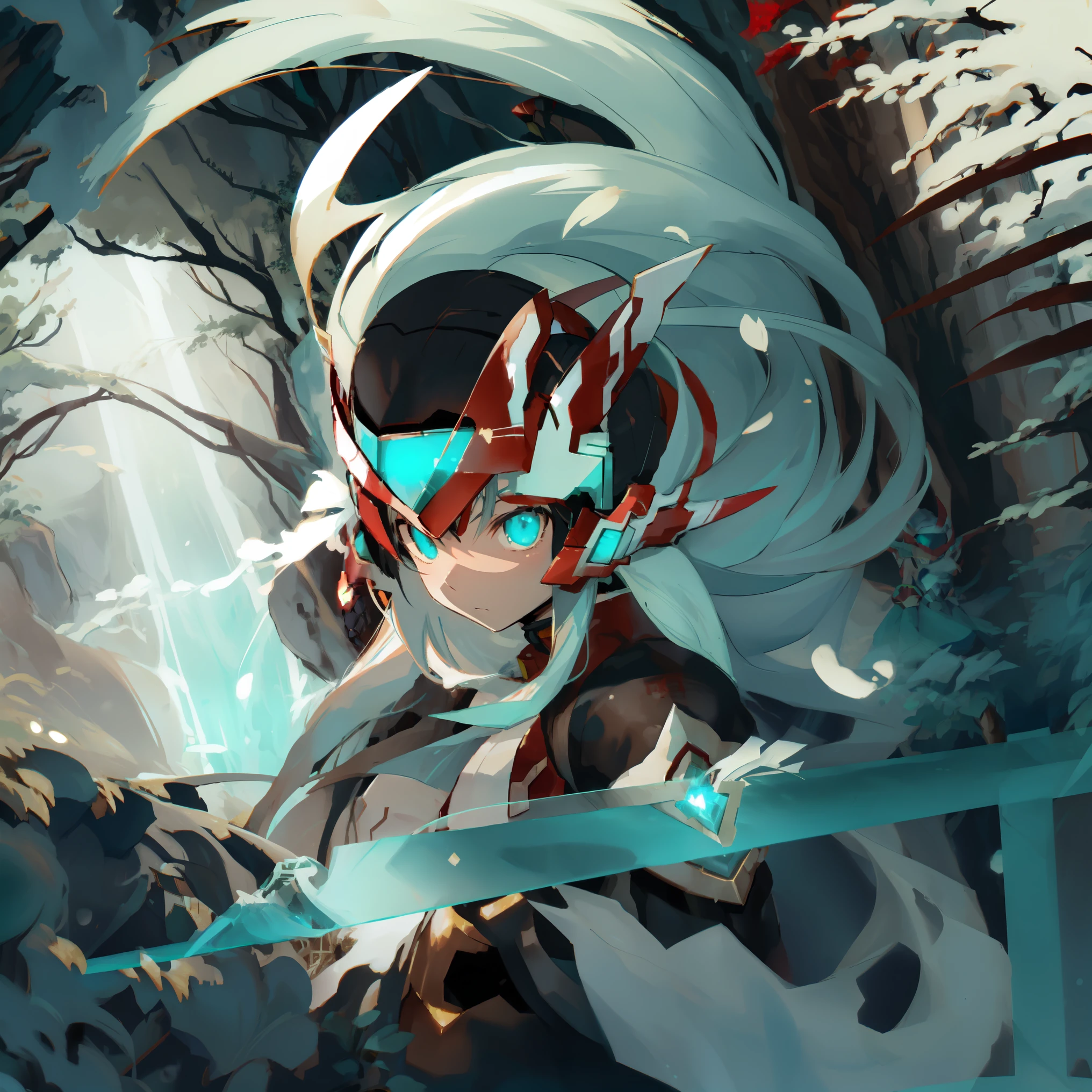 megzeromyth2023, 1boy, long white hair, red armor, green energy sword, high quality, masterpiece, in a dark forest looking out at a waterfall, in the style of ultra detailed, dark cyan and light bronze, eye-catching tags, physically based rendering, depictions of inclement weather, heavy shading, landscape inspirations