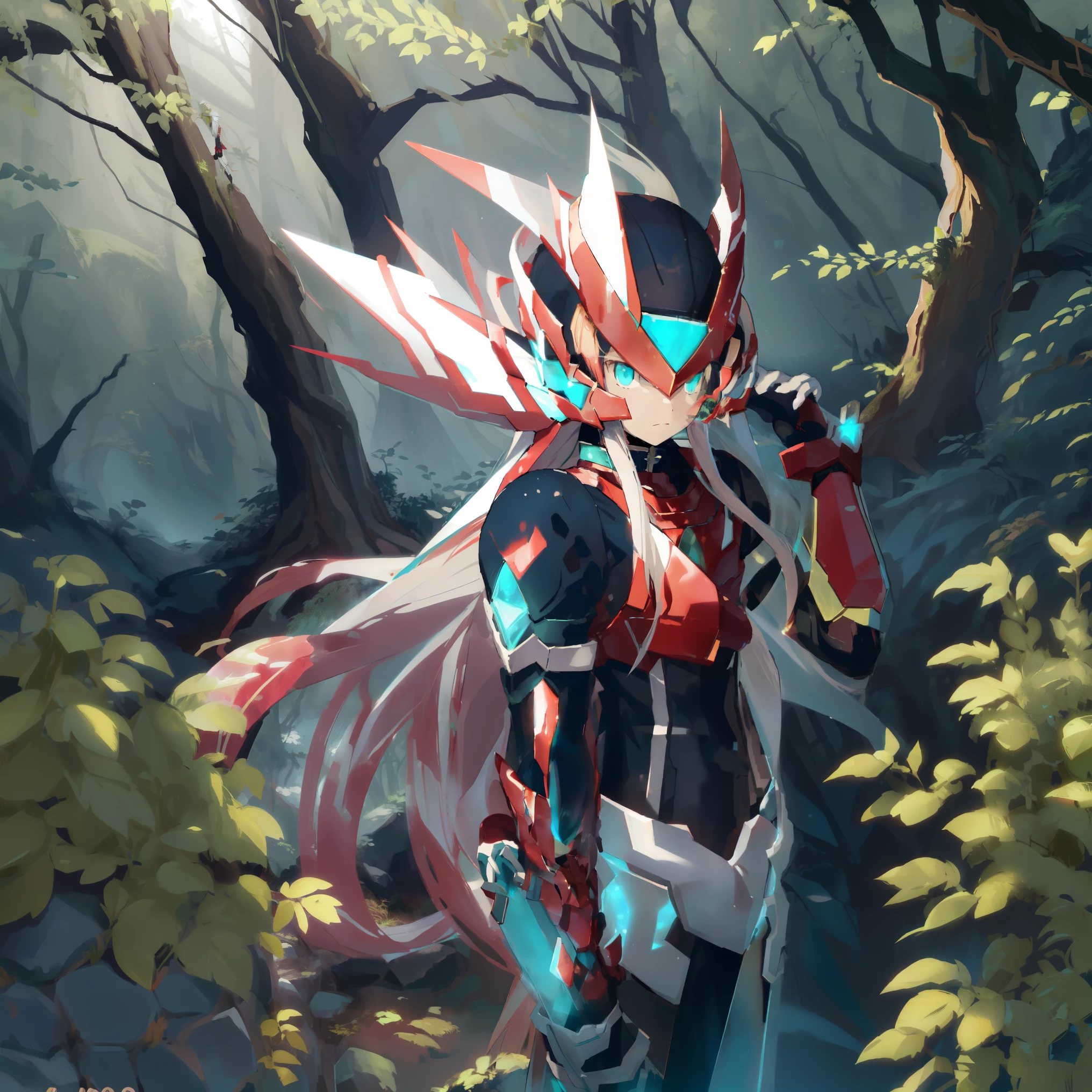 megzeromyth2023, 1boy, long white hair, red armor, green energy sword, high quality, masterpiece, in a dark forest looking out at a waterfall, in the style of ultra detailed, dark cyan and light bronze, eye-catching tags, physically based rendering, depictions of inclement weather, heavy shading, landscape inspirations