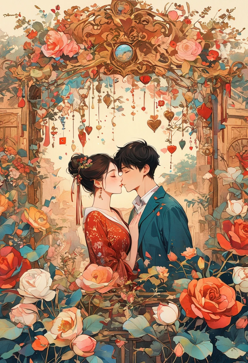 ink style, A cartoon-style illustration of lovers kissing, surrounded by Valentine's Day elements. The scene is vibrant and filled with hearts, Cupid's arrows, and pink and red decorations. Both characters exhibit exaggerated, joyful expressions of love, with their eyes closed in a blissful kiss. The background is adorned with symbols of romance, such as roses, chocolates, and a banner proclaiming 'Happy Valentine's Day,' all rendered in a playful, animated aesthetic, (Ghibli-like colours, UHD, masterpiece, ccurate, anatomically correct, textured skin, super detail, 8k)