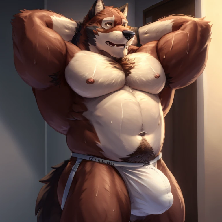 Leo Alvarez, big butt, jockstrap, portrait, bara, arms behind head, armpits, hairy armpits, solo, wolf tail, ((detailed face), (detailed eyes:1.0), detailed)), thick thighs, daddy, 4k, HI res, by otake, BARA pecs, 5 fingers, sweat, hd, brown eyes, masterpiece, big PECS, chest hair, navel hair, bulge, big bulge