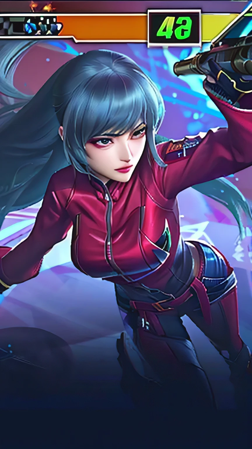 a close up of a person in a red outfit holding a gun, kda, katarina, style artgerm, senna from league of legends, style league of legends, samira from league of legends, ig model | artgerm, league of legends character, katana zero video game character, qiyana, extremely detailed artgerm