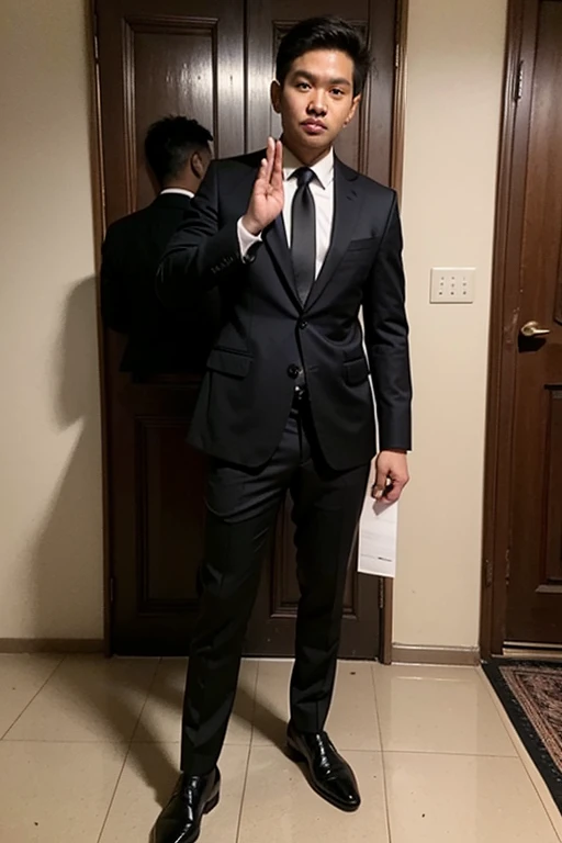 ((best quality:1)), ((masterpiece:1.2)), (detailed:1.2), perfect face, ((30 years old indonesian gentlemen standing in black suit and tie)), (smile:0.8), ((namaste mudra hand gesture)), look at the viewer, 8k, realistic photo, movie photo, ultra realistic, 1 person, detailed, Perfect lighting, DSRL, professional photo, 4k