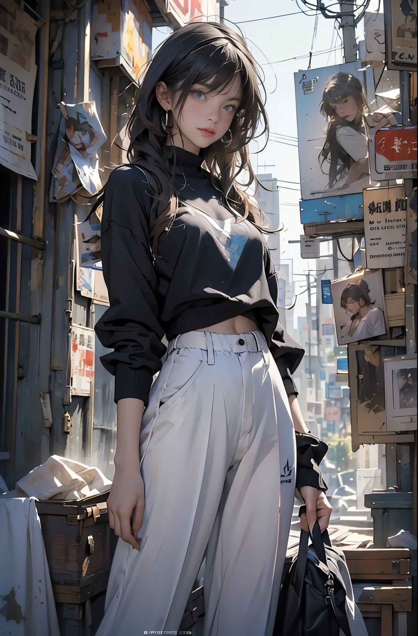 Photo of a beautiful woman standing on a street corner, Perfect model body shape, Stylish pants style, colorful purple shirt, Stylish hats, very stylish, with influence of Jeremy Mann, Jeremy Mann, style of Jeremy Mann, Jeremy Mann painting, Jeremy Mann art, Ron Hicks, Liepke, Jeremy Mann and alphonse mucha, Works that influenced Edmund Blampid, robert lenkiewicz, Casey Baugh and James Jean, Works that influenced Willem Kalf, Nick Alm, tumbler, figurative art, intense watercolor, watercolor detailed art,Beautiful and expressive paintings, Beautiful artwork illustration, wonderful, cool beauty, masterpiece, highest quality, official art, perfect composition, perfect angle, best shot, The perfect subject, women only, sharp outline, romantic, Moody, very beautiful and detailed eyes, beautiful and delicate eyes, ideal animation, sentimental,Hongkong, close