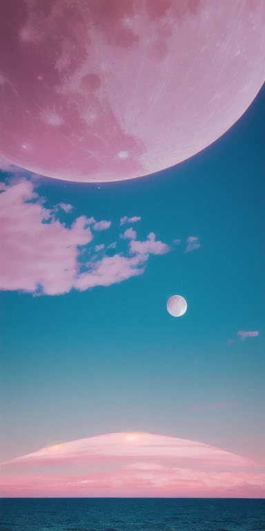 pink moon, pink sky, Soft pink clouds, pink ocean waves Glittering, Glittering, Pink roses on a pink ocean, fantasy, diamond, crown, universe, soft light,