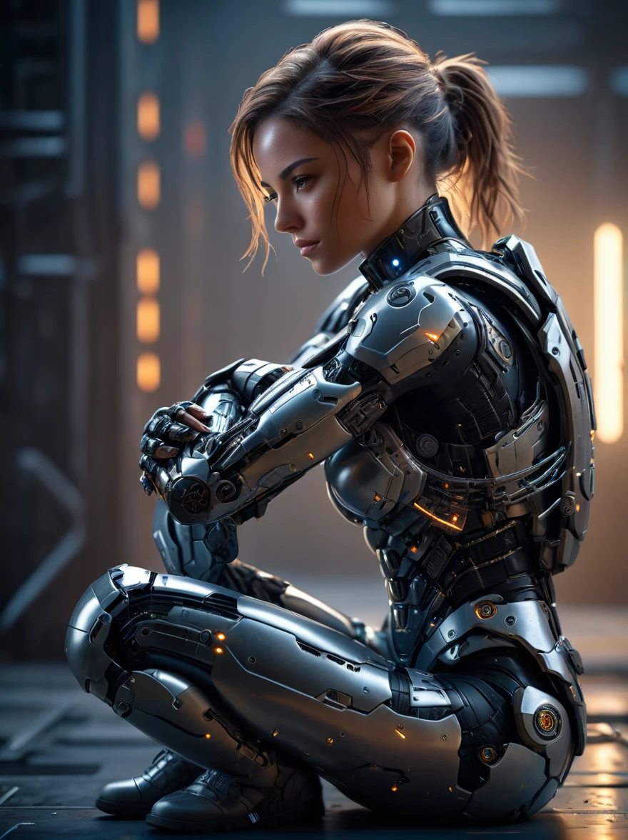 A cinematic photo shoot of gorgeous female military soldier cyborg hugging knees wishing her original beautiful body back, negative face emotion, detailed face, volumetric light, insanely detailed and intricate, ultrasharp focus, octane render, unreal engine, hyper realistic photo, high definition, 32 K, Nat Geo photography style