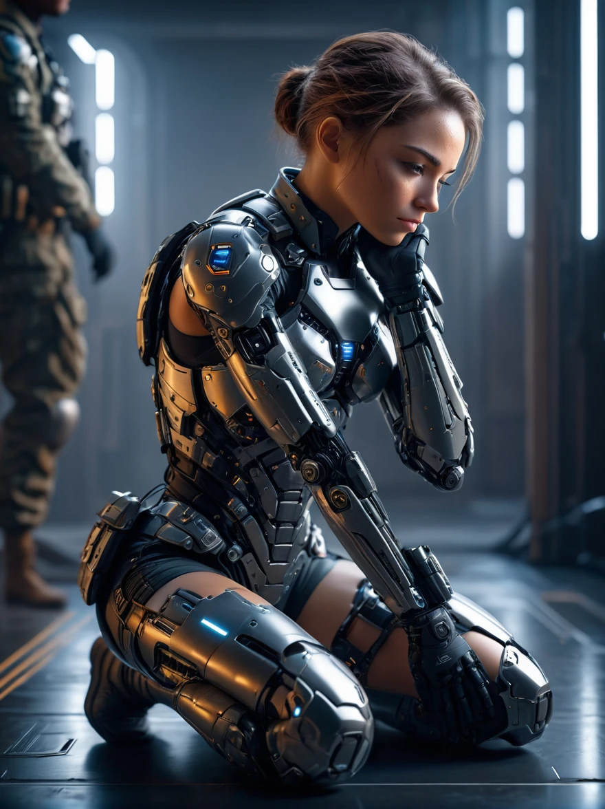 A cinematic photo shoot of gorgeous female military soldier cyborg hugging knees wishing her original beautiful body back, negative face emotion, detailed face, volumetric light, insanely detailed and intricate, ultrasharp focus, octane render, unreal engine, hyper realistic photo, high definition, 32 K, Nat Geo photography style