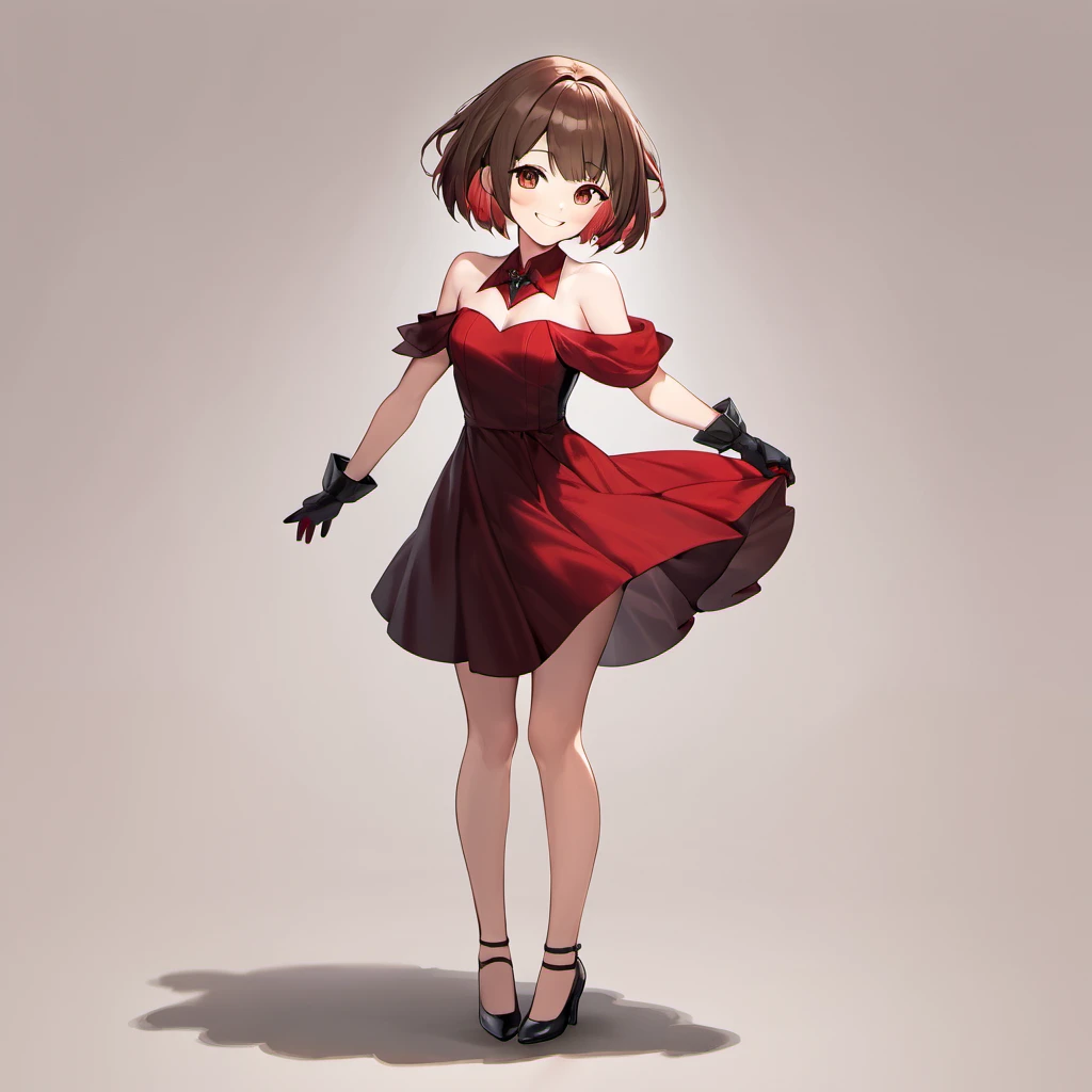 Masterpiece, Improved quality, High quality, Good anatomy. Well-formed hands,cHealthy body, Intact fingers, Normal digits, perfect body, full body in image, short hair with bangs to the right, off shoulder black red mini dress, Elbow-length gloves, smile, sleeveless black red mini dress, bright brown hair