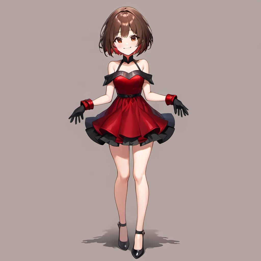 Masterpiece, Improved quality, High quality, Good anatomy. Well-formed hands,cHealthy body, Intact fingers, Normal digits, perfect body, full body in image, short hair with bangs to the right, off shoulder black red mini dress, Elbow-length gloves, smile, sleeveless black red mini dress, bright brown hair