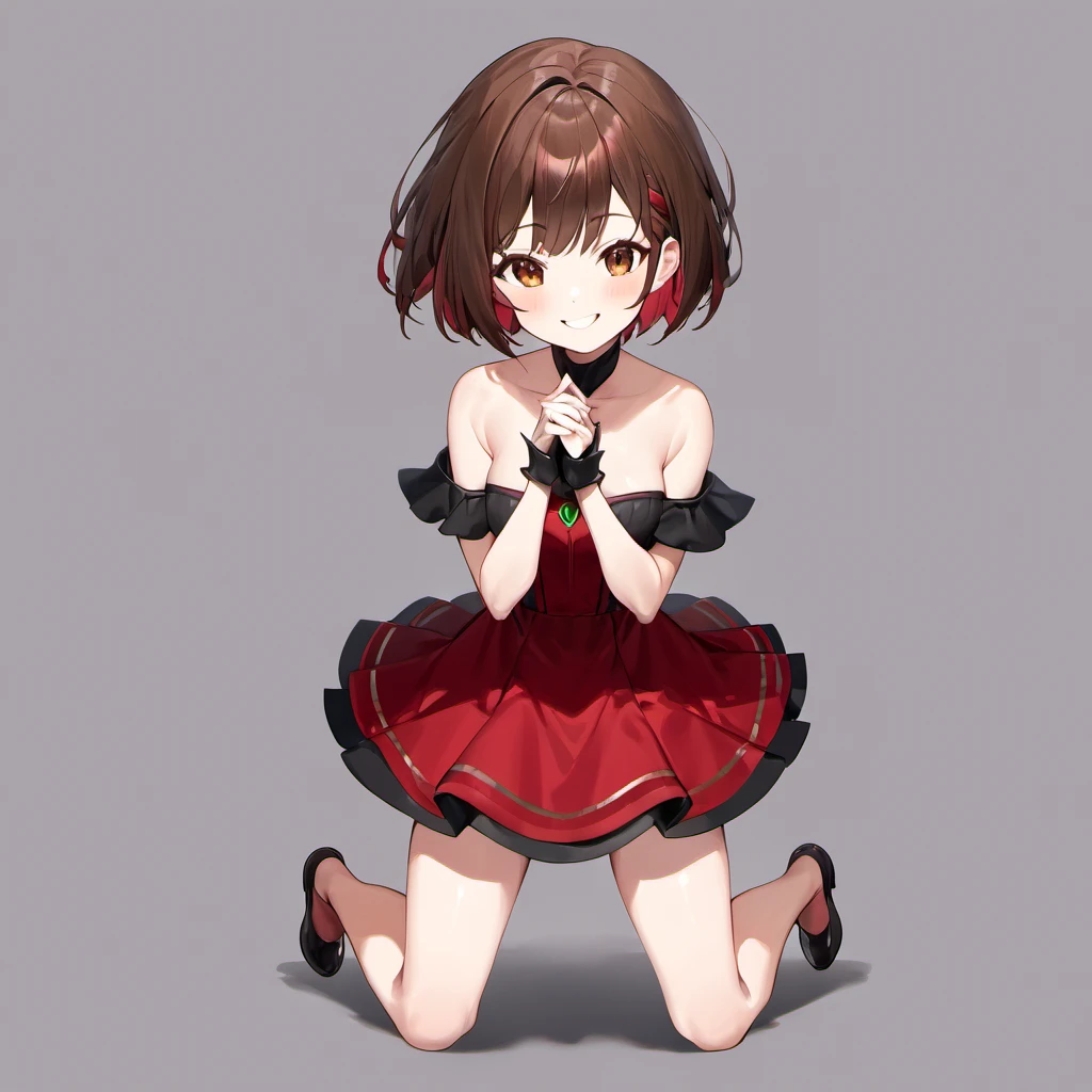 Masterpiece, Improved quality, High quality, Good anatomy. Well-formed hands,cHealthy body, Intact fingers, Normal digits, perfect body, full body in image, short hair with bangs to the right, off shoulder black red mini dress, Elbow-length gloves, smile, sleeveless black red mini dress, bright brown hair