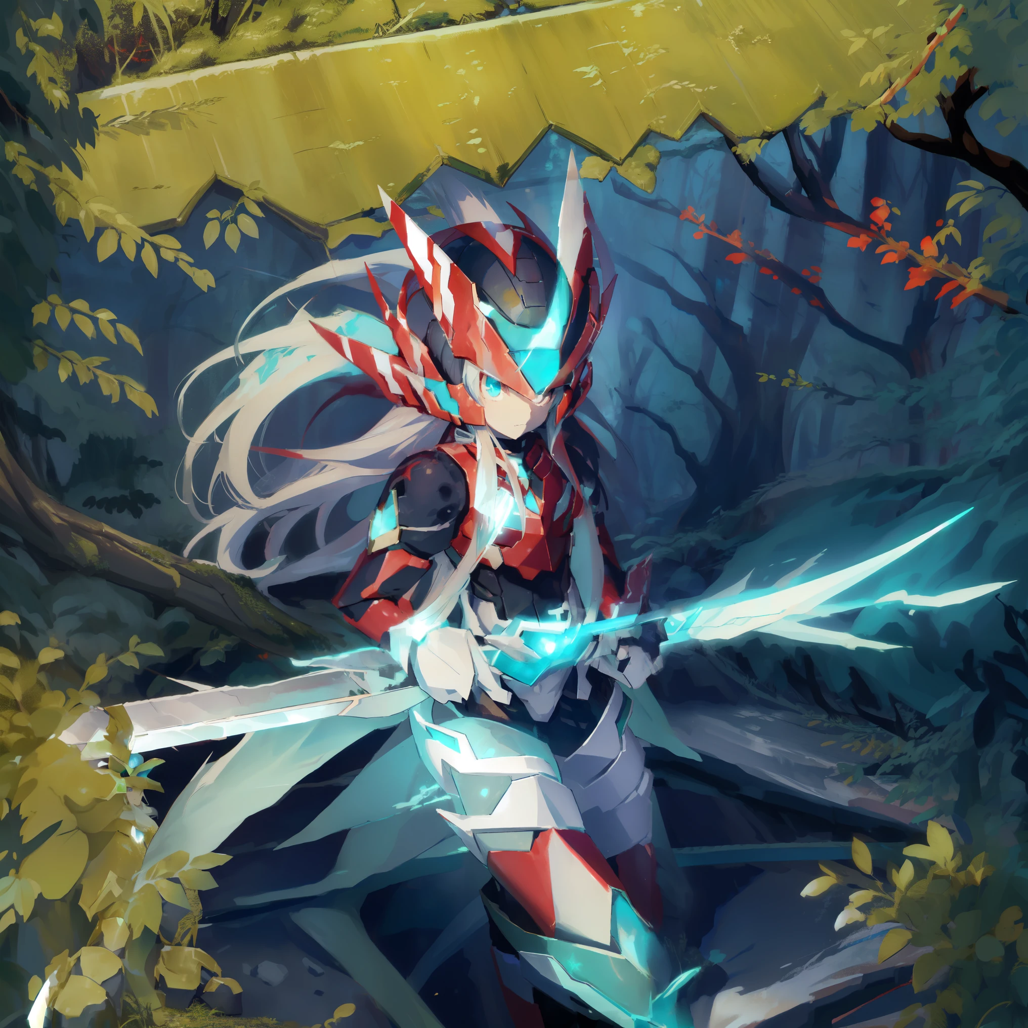megzeromyth2023, 1boy, long white hair, red armor, green energy sword, high quality, masterpiece, in a dark forest looking out at a waterfall, in the style of ultra detailed, dark cyan and light bronze, eye-catching tags, physically based rendering, depictions of inclement weather, heavy shading, landscape inspirations