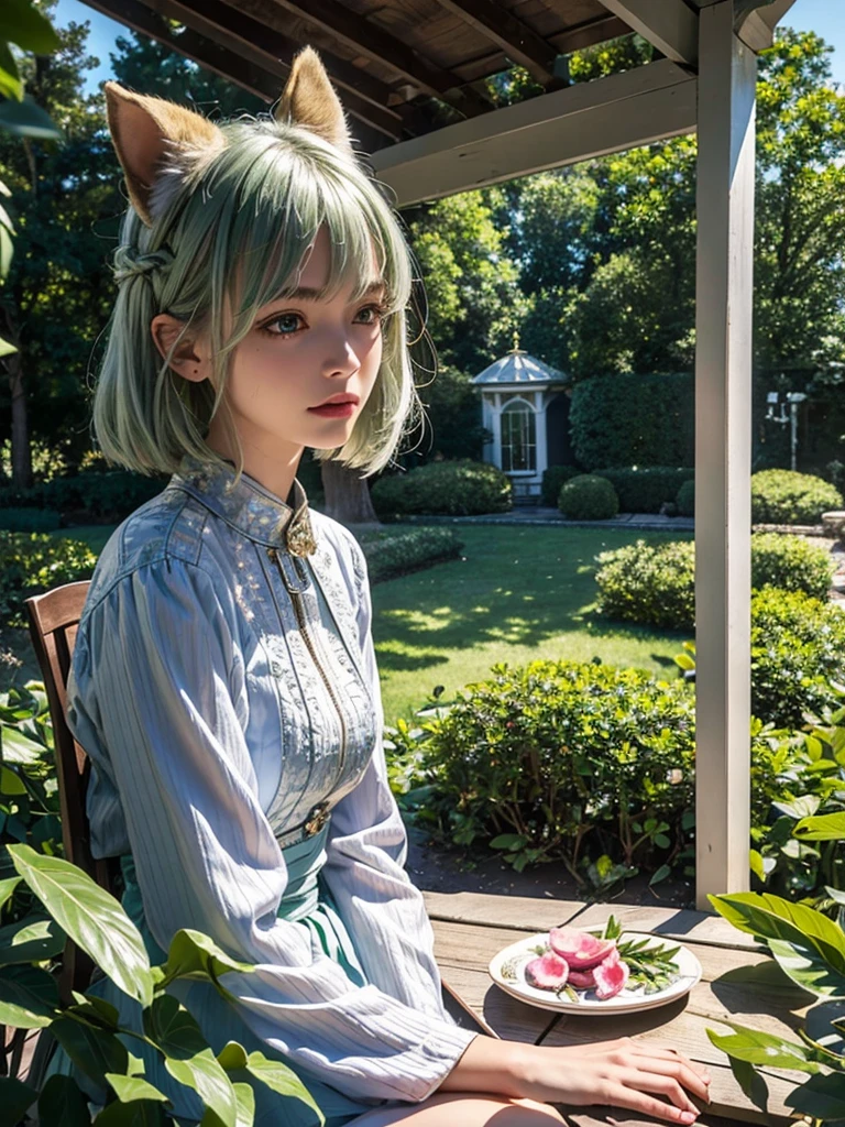 masterpiece, best quality,ultra-detailed,hyper details, cinematic light,, 1girl, solo, sit, outdoor, summerhouse, sitting in the summerhouse,  plants, table, chandelier, candle, wind, green eyes, pan-green silver hair, short hair, animal_ears, animal_ear_fluff, floating hair, light, light frown, profile,looking at viewer, dynamic_angle