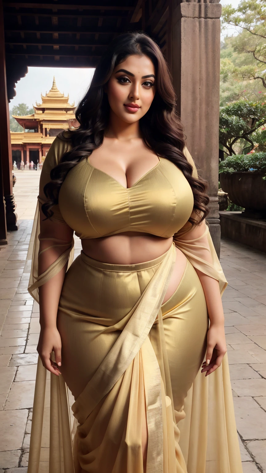 Madhubala Indian sexy curvy plus size body beautiful actress in a golden color chiffon saree posing for a picture in front of Bhdhhist stunning temples, traditional architecture, and picturesque gardens, camera front facing, smilling face, close up shot, head to toe view, close up full body shot, hourglass body shape, curvy plus size body, bigger waist, busty, big hips, fleshy thighs, thick thighs, cleavage, big breasts, busty, full body view, head to to view, full body shot, sexy girl, beautiful curves, curvy model, attractive curves, attractive feminine curves, gorgeous woman, Bhdhhist stunning temples, traditional architecture, and picturesque gardens background,
