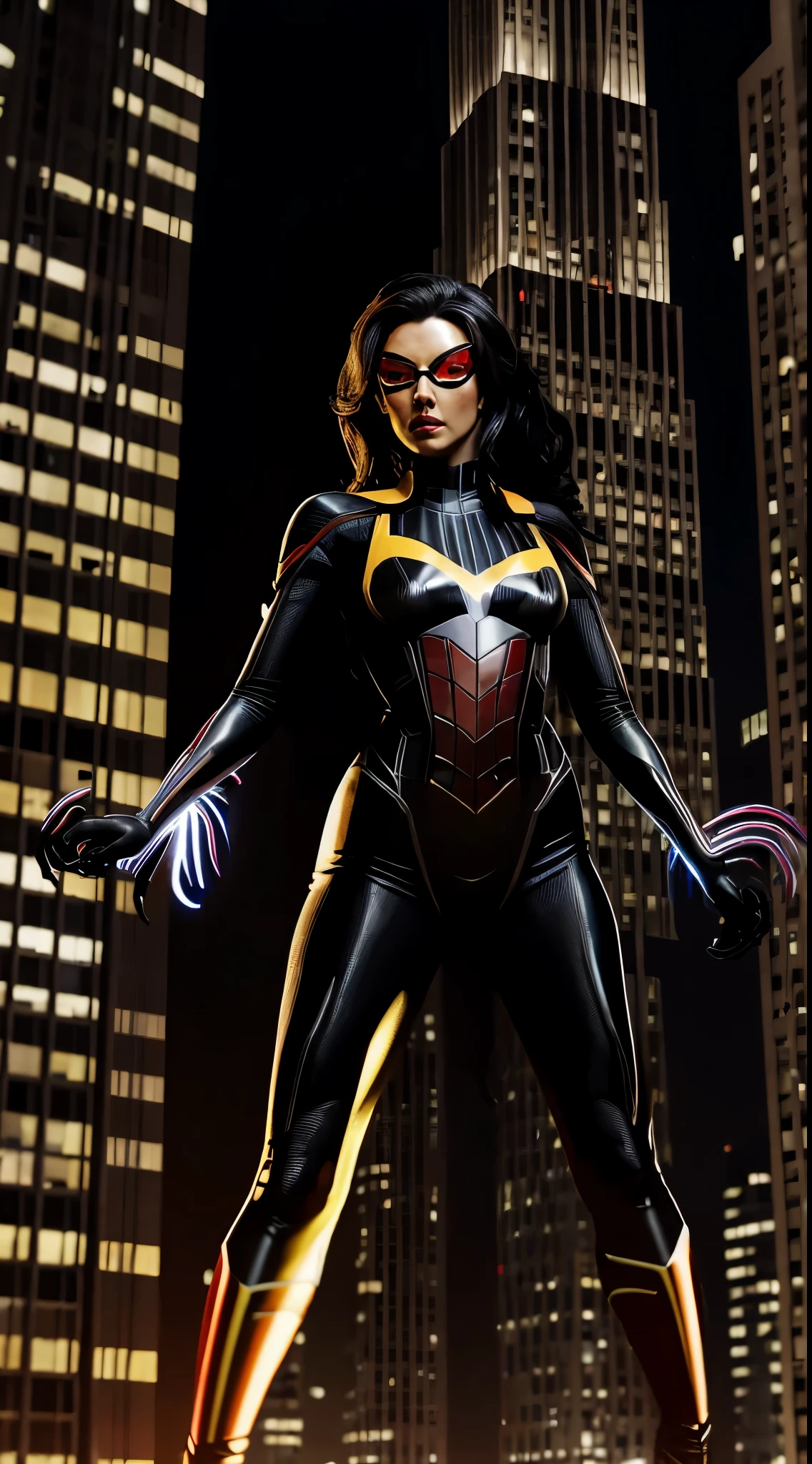 Spiderwoman dressed in a sleek black gown emblazoned with a vivid red and yellow black widow spider on the torso, spiderweb patterns subtly woven throughout the fabric, high collar, silver accents highlighting the spider emblem, poised defiantly atop a skyscraper with a moonlit cityscape backdrop, city lights twinkling below, digital painting, ultra realistic, dramatic lighting.