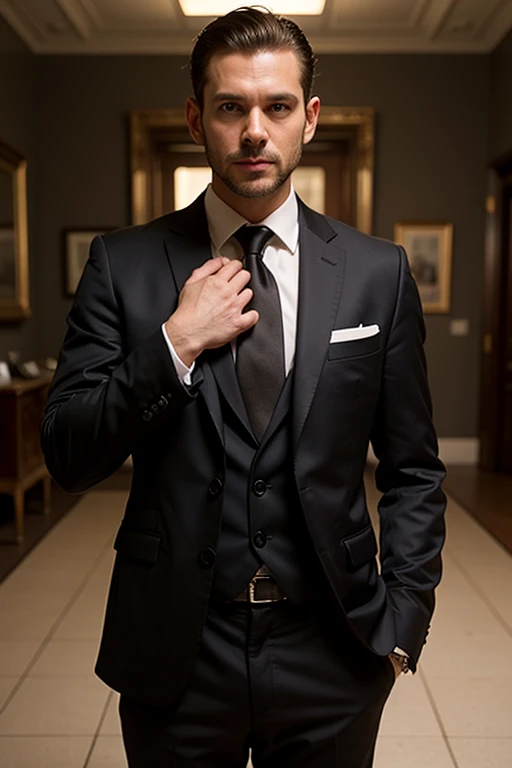 ((best quality:1)), ((masterpiece:1.2)), (detailed:1.2), perfect face, ((30 year gentlemen standing in black suit and tie)), (smile:0.8), ((namaste mudra hand gesture)), look at the viewer, 8k, realistic photo, movie photo, ultra realistic, 1 person, detailed,  Perfect lighting, DSRL, professional photo, 4k  