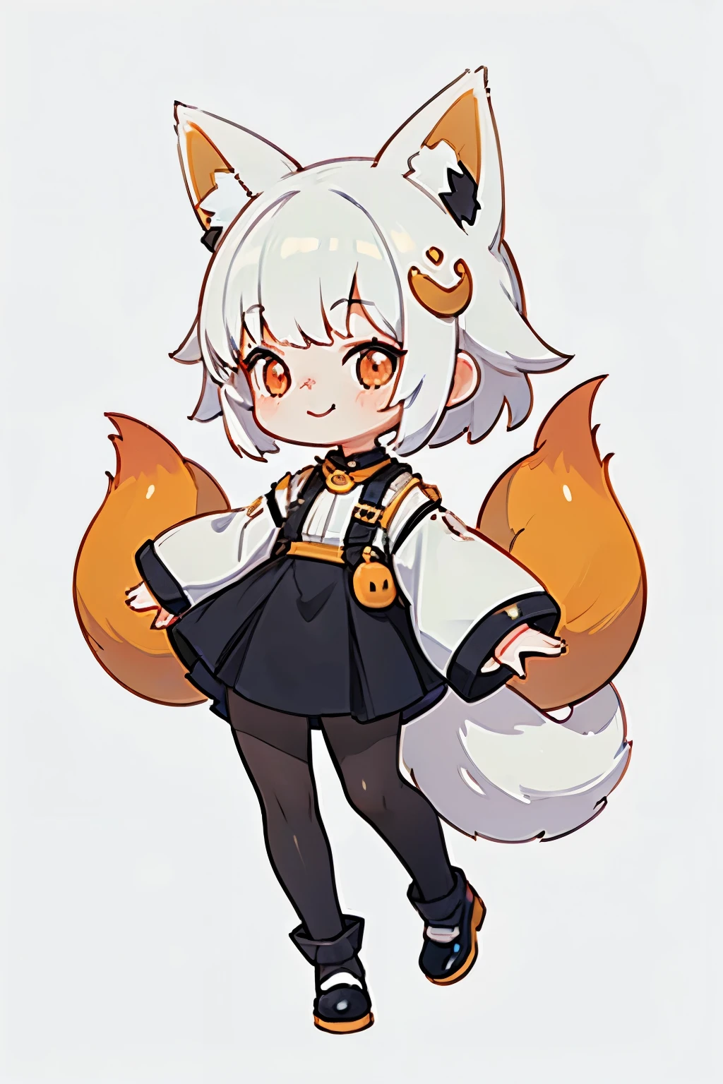 A girl with impressive white hair、Fox ears and tail、Hair Ornament、Black pantyhose、No sleeve、smile、cute shoes with accessories