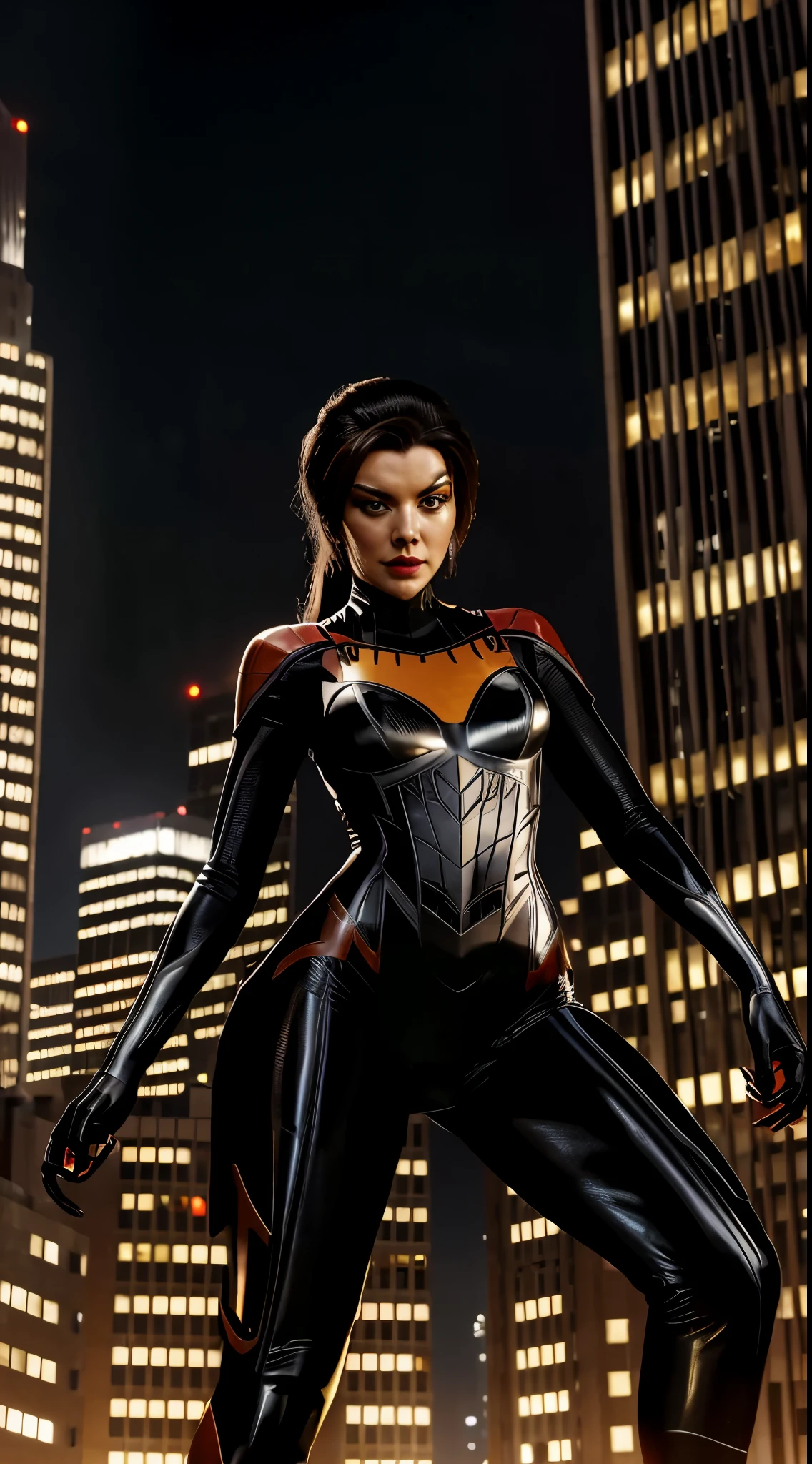 Spiderwoman dressed in a sleek black gown emblazoned with a vivid red and yellow black widow spider on the torso, spiderweb patterns subtly woven throughout the fabric, high collar, silver accents highlighting the spider emblem, poised defiantly atop a skyscraper with a moonlit cityscape backdrop, city lights twinkling below, digital painting, ultra realistic, dramatic lighting.