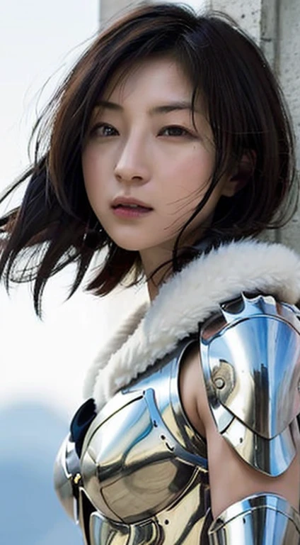 8K、Big breasts Super detailed、masterpiece、highest quality、(very detailed)、dynamic angle、mysterious look、wind effect、fantasyの背景、rim lighting、cinematic light、超A high resolution、8k eh、film grain、best shadow、delicate、to be born、particles of light、Fine skin texture、Detailed armor texture、detailed face、Complexディテール、Super detailed、shine、powerful scam、silver armor、(Has a weapon)、Slashing、Slashing Action、big and full breasts,Scapula、shine目、 long cloak、fantasy、(to be bornきto be bornきとした)、shoulder armor、Complex、Complex、perfect lighting、looking at the viewer、movie lighting、fly in the sky、Flight、holy light、wonderful、bangs、that&#39;the wind is strong、frozen mountain々々、long wavy hair、lich queen,sexy,charm,short bob,Complex装飾が施された胸部装甲,