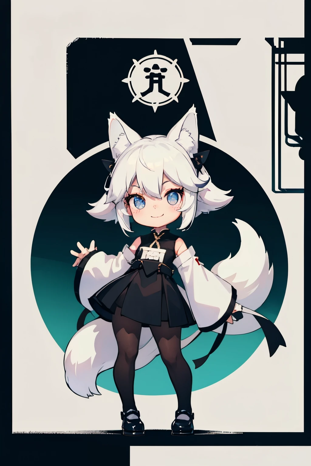 A girl with impressive white hair、Fox ears and tail、Hair Ornament、Black pantyhose、No sleeve、smile、cute shoes with accessories