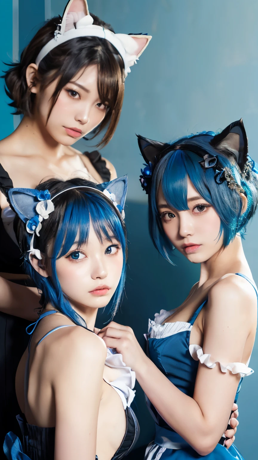 (Emo art:1.6), masterpiece, 4k, Bokeh, high school girls, (Multiple girls:1.6), (Group photo:1.5), beautiful face, (Cat ears:1.3), (Blue bob hair:1.6) , (Japanese idol:1.6), Blushed face, (Blue maid costume :1.4), looking at the viewer, closeup,
(Blue background :1.4), (Blue rose room:1.6)
