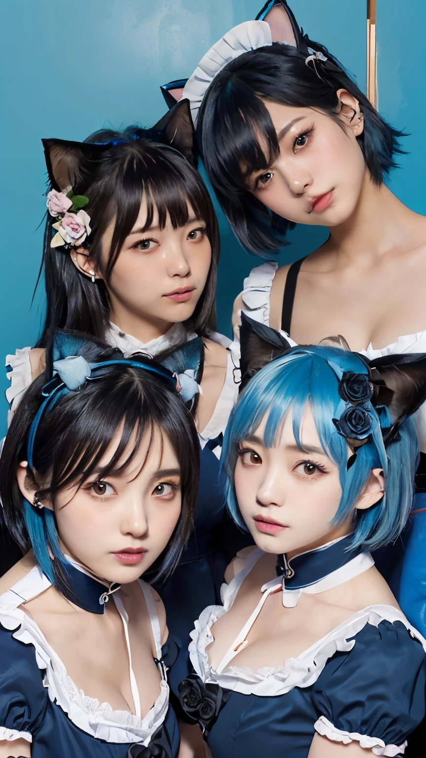(Emo art:1.6), masterpiece, 4k, Bokeh, high school girls, (Multiple girls:1.6), (Group photo:1.5), beautiful face, (Cat ears:1.3), (Blue bob hair:1.6) , (Japanese idol:1.6), Blushed face, (Blue maid costume :1.4), looking at the viewer, closeup,
(Blue background :1.4), (Blue rose room:1.6)