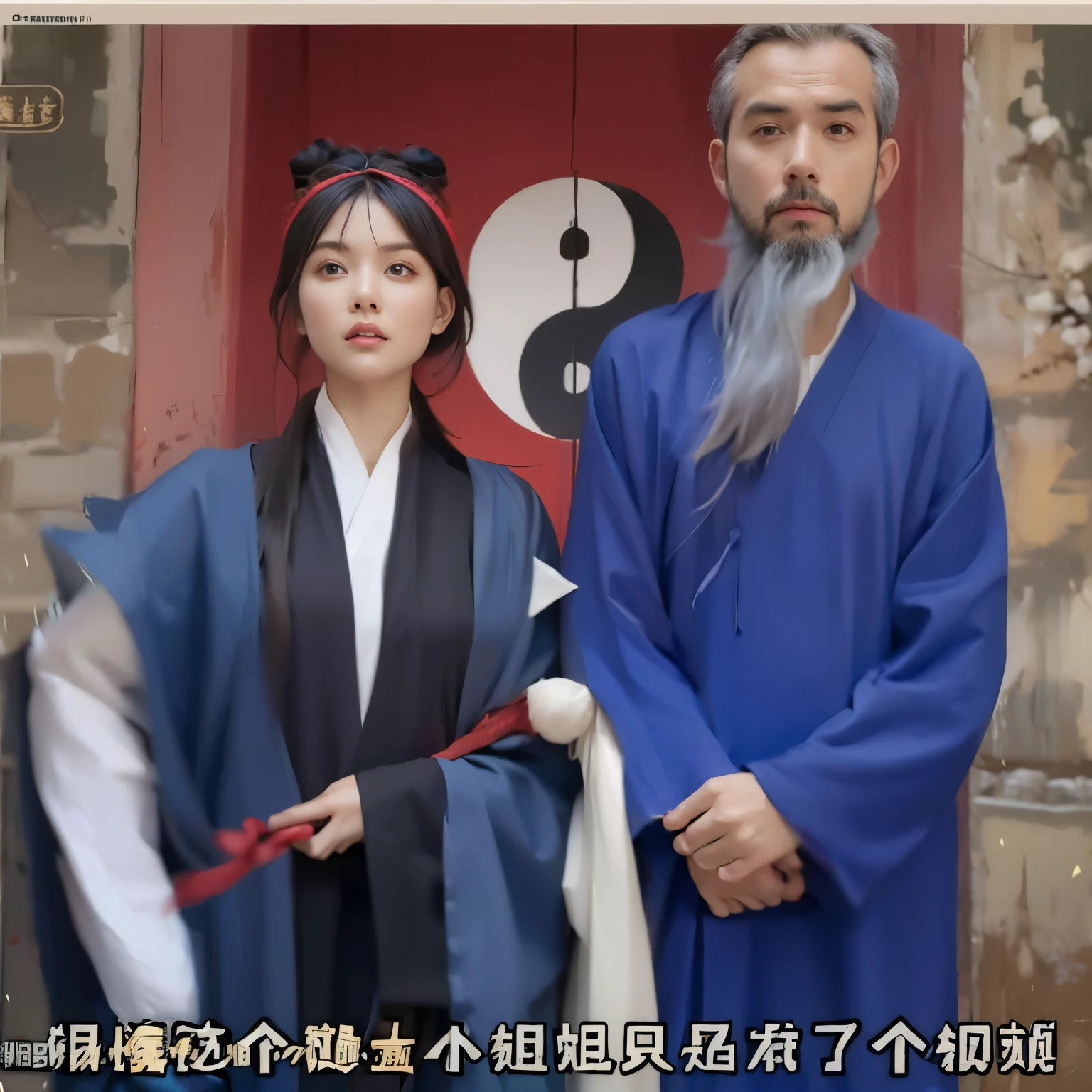arafed image of a man and a woman in traditional clothing, scene from live action movie, still from a live action movie, wearing ancient chinese clothes, inspired by Wu Daozi, screenshot from a movie, taoist master, still from the movie, taoist priest, wuxia, ruan jia and fenghua zhong