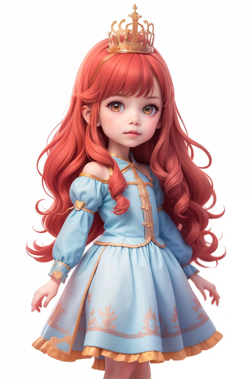 6 year old girl, long wavy hair, red hair, princess, white background, for children's book cover illustration, , children's