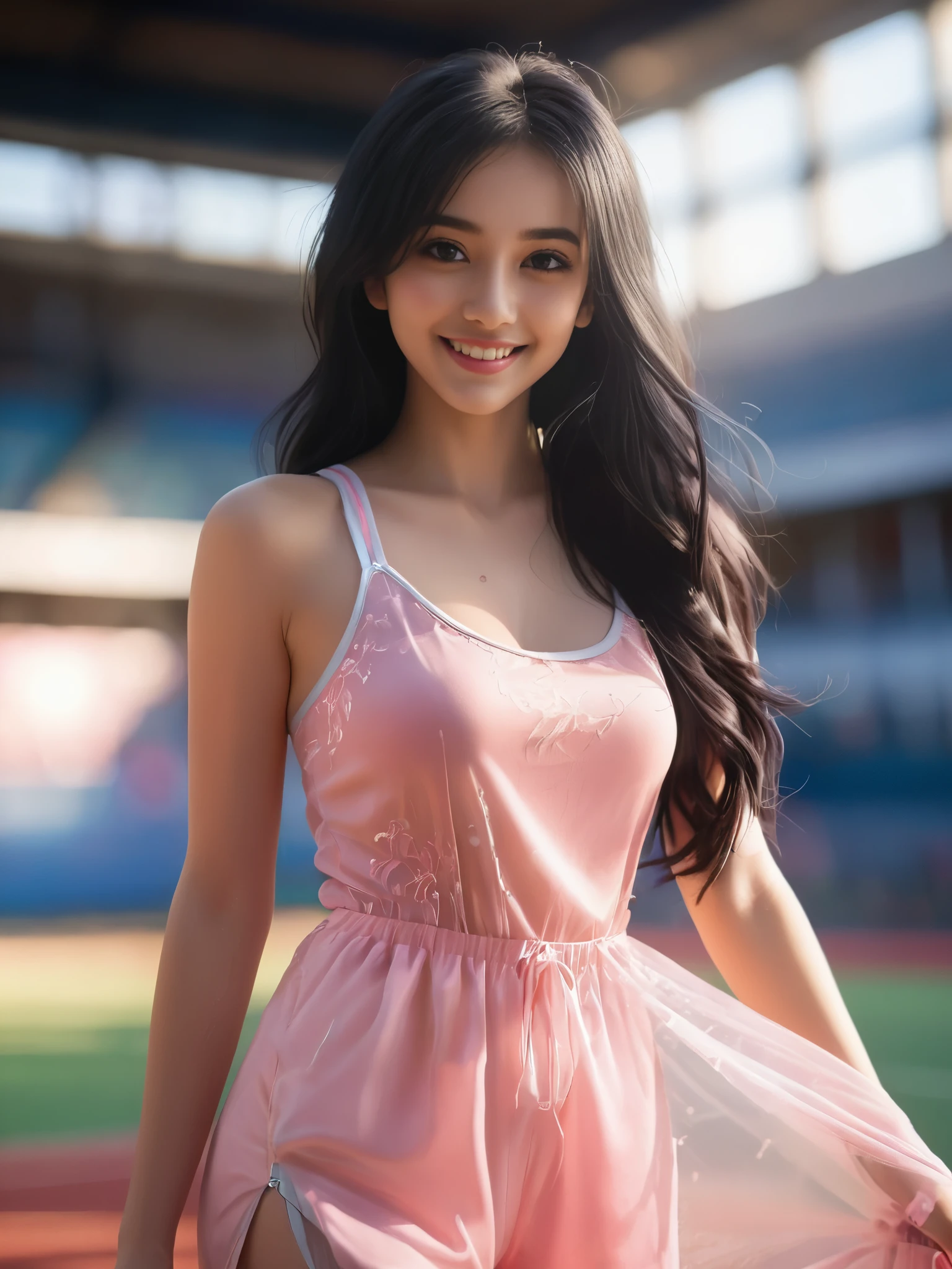 (best quality, high resolution, vivid imagery, concept art, perfectly detailed girl, smiling, long black hair, big eyes, pink lips, proportionate figure, sheer clothing, sports hall, natural lighting)