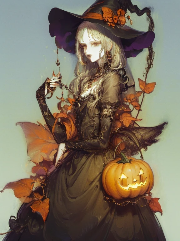 masterpiece,  style by NTY, young woman, Yoshitaka Amano character design, intricate black witch dress,  halloween theme, witch outfit, pumpkin