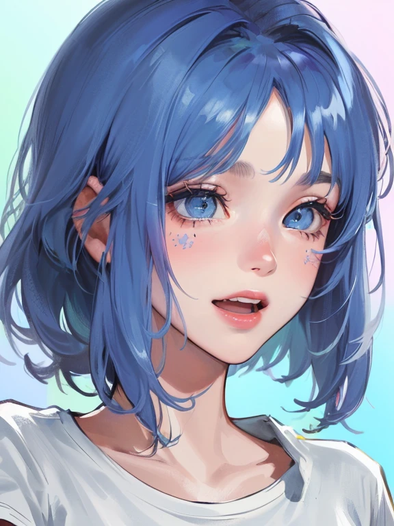(((1 woman)))、(highest resolution、clear_image) best quality、(((pop)))、1990s、((colorful background))、((illuminate))、very detailed、semi-realistic、sky blue hair、((hairstyle I made、laughter、bangs、25 years old、young、((T-shirt))、delicate facial features facial features、((fine eyes))、high angle shot
