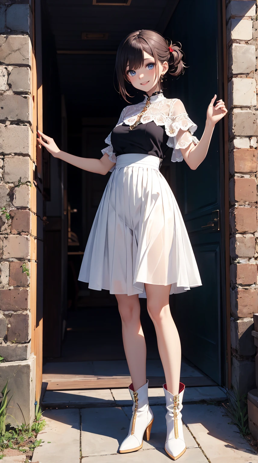 masterpiece,8k,high quality,full body:1.7,clean blue eyes,open red mouth,red tiek,happy smile,biggest large brest,tight west,very sparking clothes,there is a woman standing in front of a wall wearing a sparking white blouse and brown razor boots,transparent silky skirts,short puffy pants made of silk, wearing tule mini skirt, thin-waist,hip skirt wings,waist - shot, short puffy pants, pale blue outfit, wide skirts length,