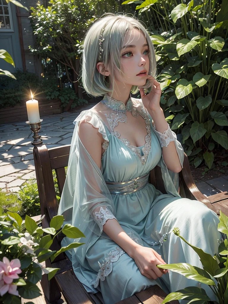 masterpiece, best quality,ultra-detailed,hyper details, cinematic light,, 1girl, solo, sit, outdoor, summerhouse, sitting in the summerhouse,  plants, table, chandelier, candle, wind, green eyes, pan-green silver hair, short hair, floating hair, light, light frown, profile,looking at viewer, dynamic_angle